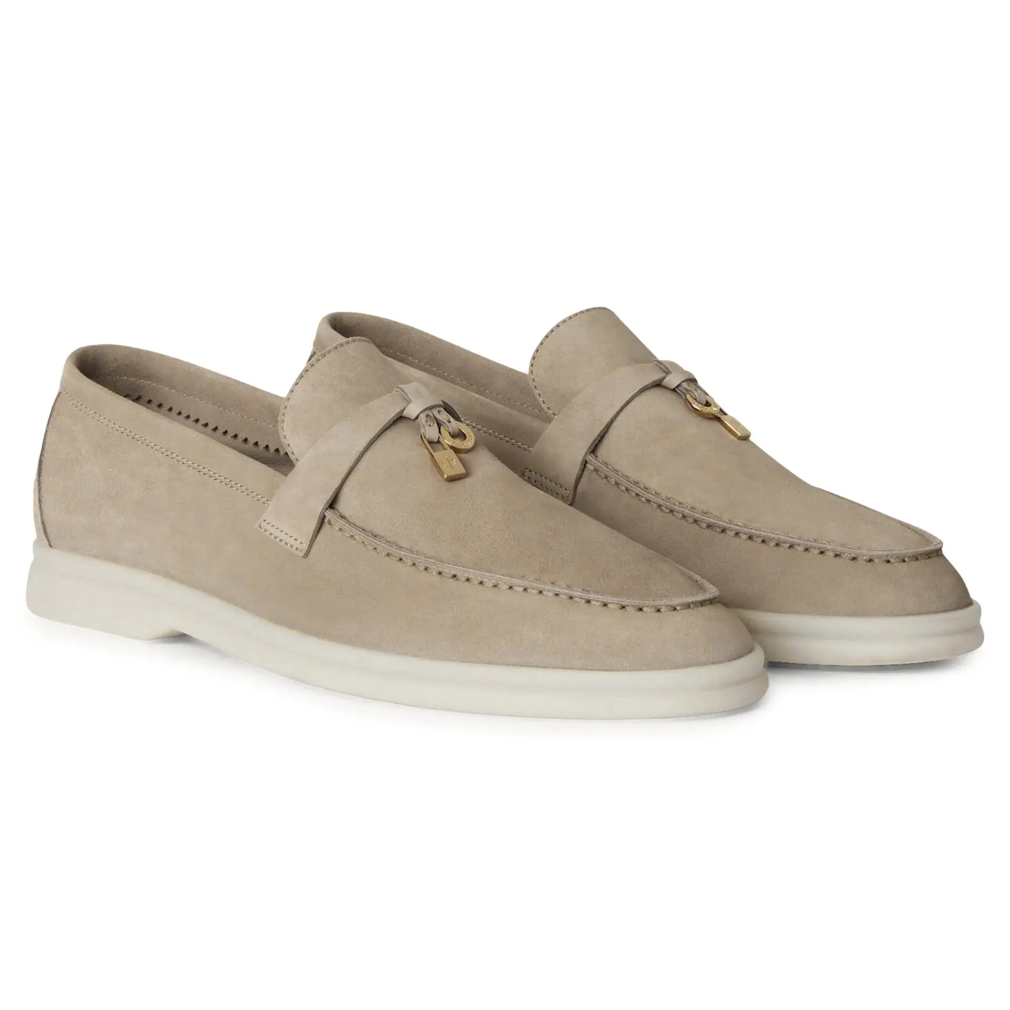 Front Side View of Loro Piana The Original Summer Charms Suede Beige Corda Loafers FAR1657_H1EE